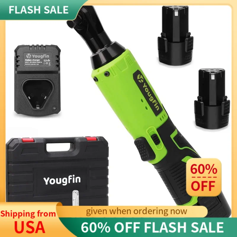

Yougfin Cordless Electric Ratchet Wrench Set, 40 Ft-lbs 12V Power Ratchet Kit with 60-Min Fast Charger, Variable Speed, 2 Packs
