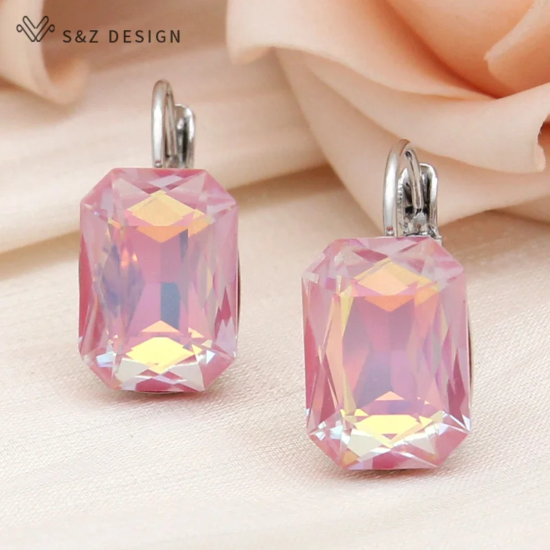 S&Z DESIGN New Fashion 585 Rose Gold Color Rectangle Crystal Dangle Earrings For Women Wedding Elegant Jewelry Stylish Eardrop