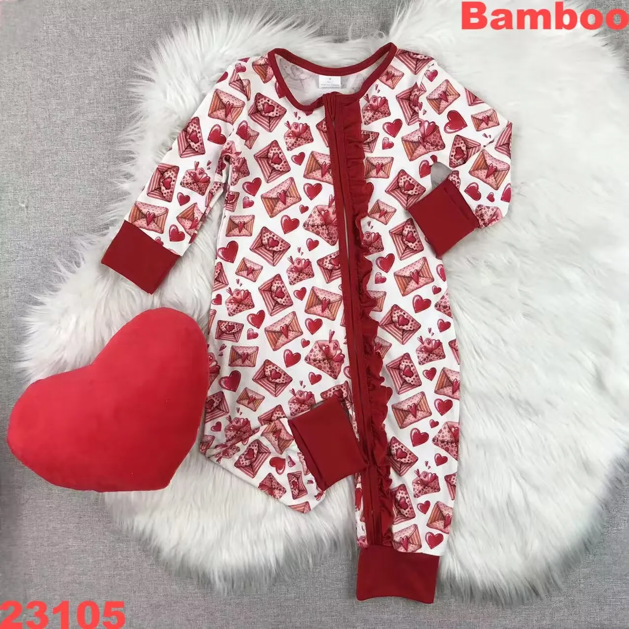 Valentine's Day Baby Romper Baby Climbing Girls Red Love Print Soft Bamboo Sleepers Zipper Pajamas Cover Hands and Feet