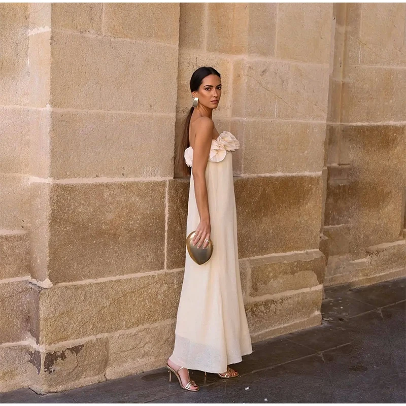 Elegant 3D Flower Tube Dresses Women Vintage Knitted Solid Sleeveless Long Dress Female Summer Autumn Chic Street Party Evening