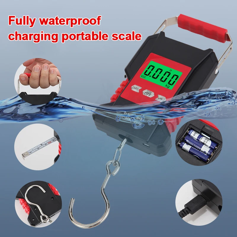 50Kg Full Waterproof Hanging Scale Portable Fish Hook Electronic Weighting Luggage Scale LCD Digital with 1.5m Tape Ruler