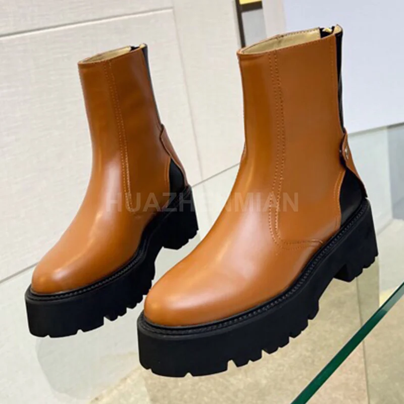 

Boots For Women Spring Autumn New Genuine Leather Upper Round Head Thick Bottom Short Boots Concise Versatile Female Shoes