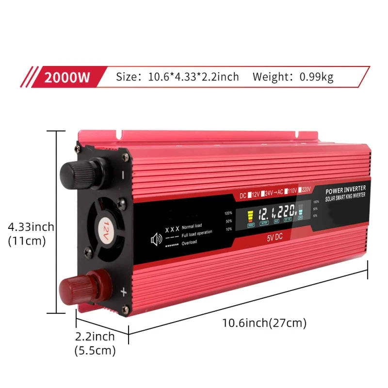 2000W DC 12V AC 220V 전원 인버터, 수정 사인파 LCD 디스플레이, USB 자동차 변압기 변환 충전 컨버터