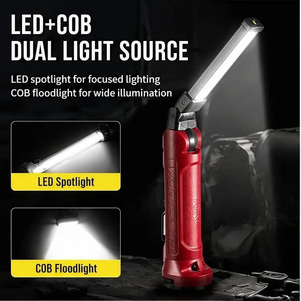 5단계 COB LED 작업등 충전식 접이식 고휘도 손전등 자석 걸이형 휴대용 서치라이트 야외, 수리용