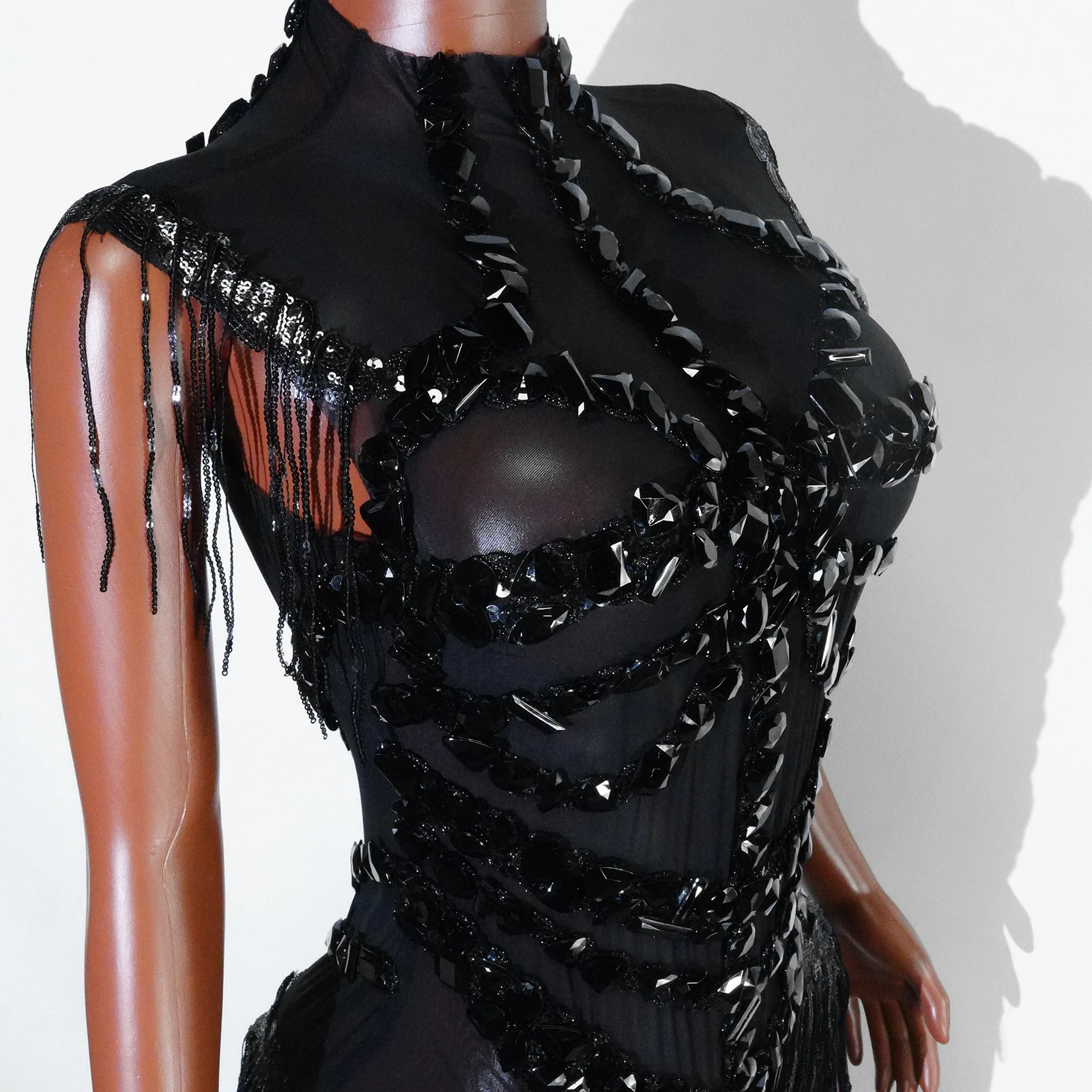Sexy Mesh Sheer Black Rhinestone Bodysuit for Singer Dancer Show Stage Outfit Celebrate Party Night Club Performance Waer