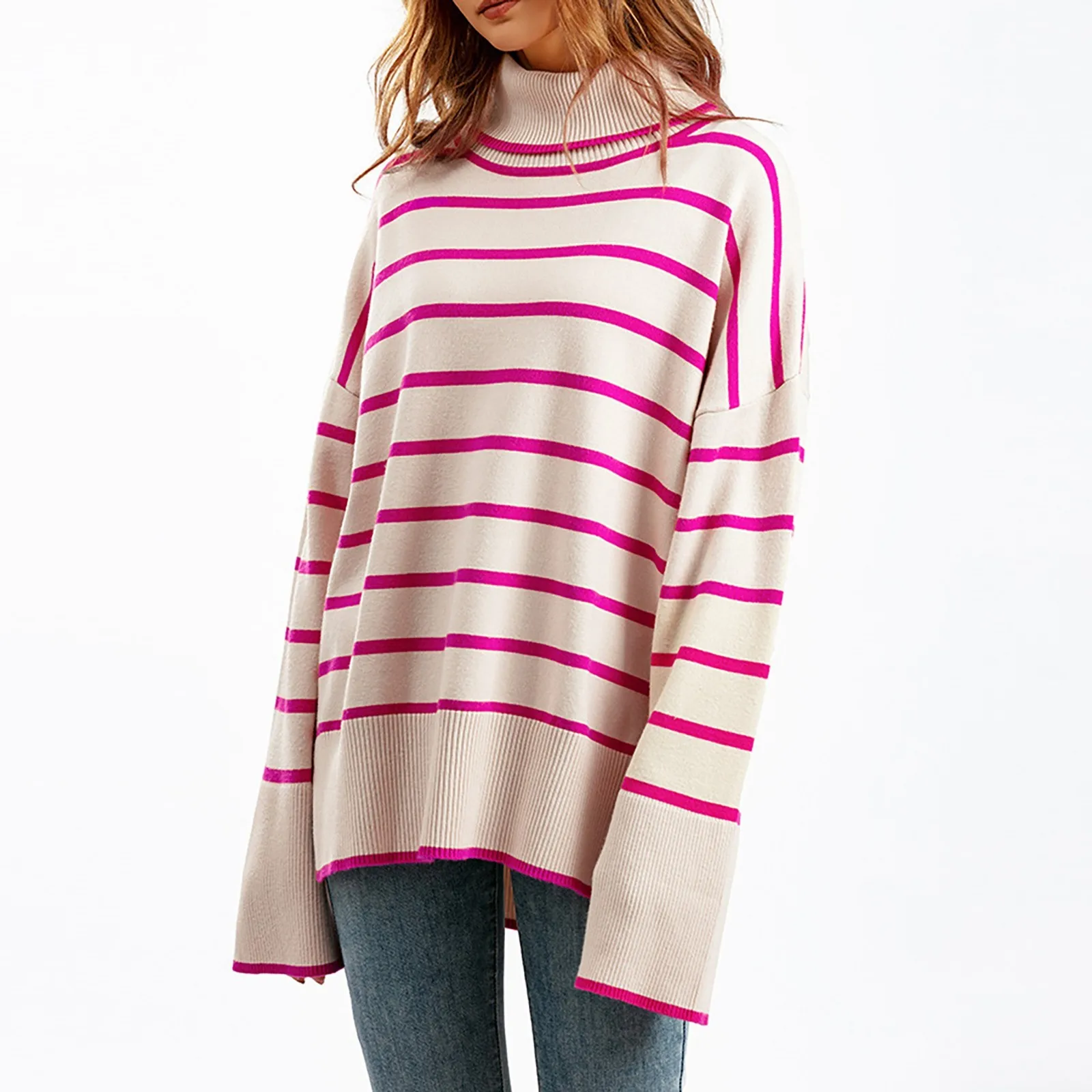 

Winter Women Turtleneck Sweater Fashion Contrasting Striped Oversized Sweaters Loose Casual Pullover Women's Striped Sweater