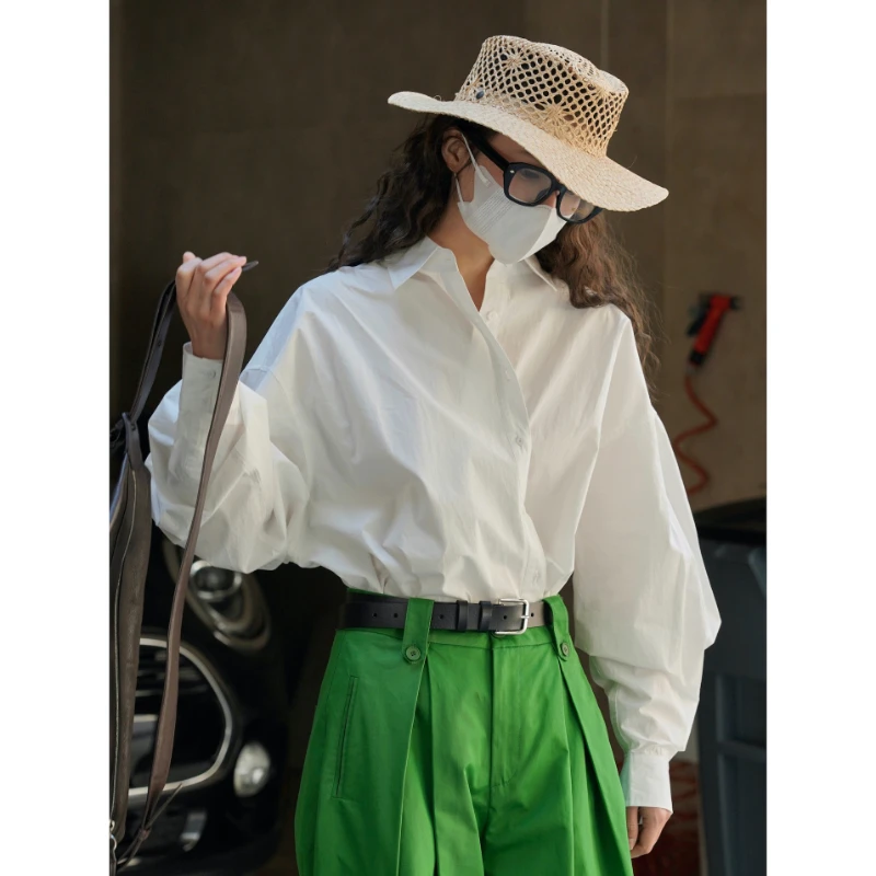 

Doris Fanny Women's Casual Polo Long Sleeve Loose Shirt Women Spring Summer Cotton White Green Blouses