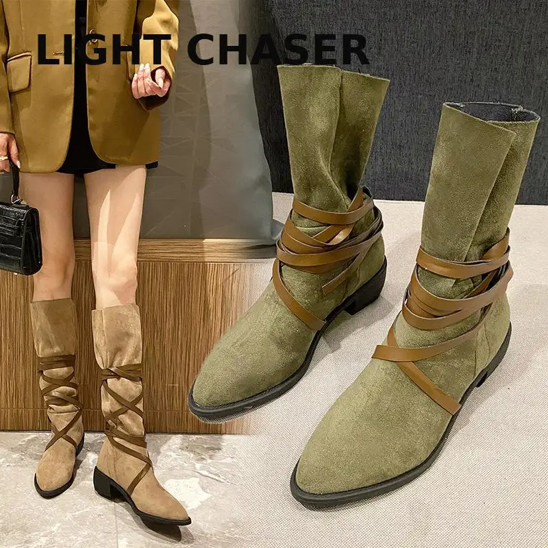 

2022 autumn and winter new fashion pointed toe women's boots fashion large size square heel strap fashion boots women's mid boot