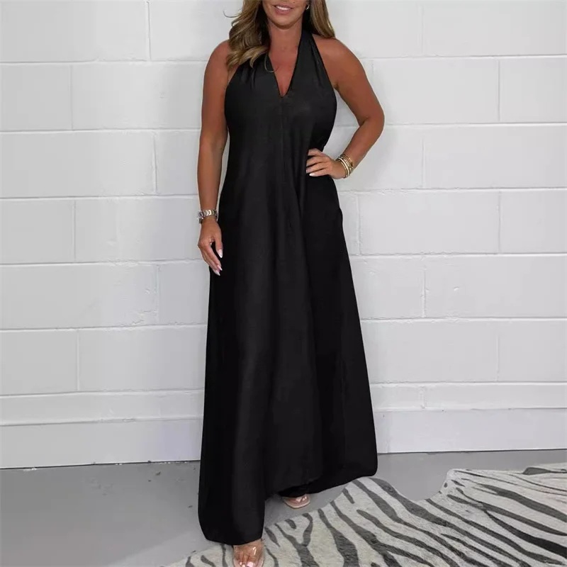 princess polly baby blue dress Vintage Women Hanging Collar Dresses Deep V Neck Sleeveless Floor Length  Dress T Shape Backless Long Gown Female Commuter Frock