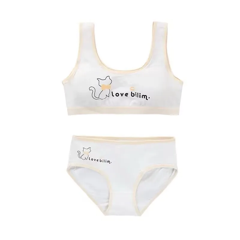 Teenage Girls Underwear Cotton-Padded Wireless Letter Print Small Bra Panty Set For Children Young Girls Sports Runnin Crop Tops
