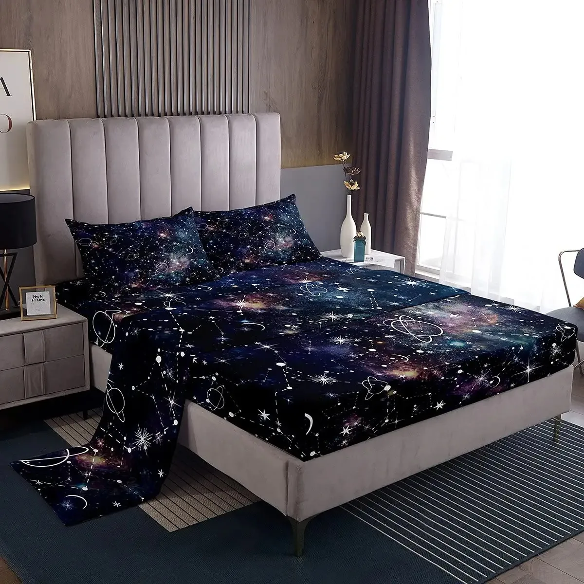 

Galaxy Bed Sheets Set Constellation Sheet Set 4Pcs Purple Universe Print Top Sheets for Kid Men Women Deep Pocket Fitted Sheets