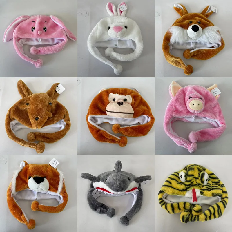Cartoon Animals Penguin Duck Rabbit Elephant Shark Tiger Hats Children Student Performance Cosplay Ear Plush Caps Cute Gifts