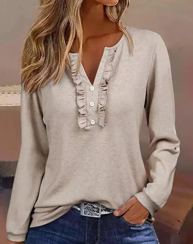 

Casual Long Sleeve Tee Tops Women Frill Hem Buttoned Notch Neck Solid Color Top Fashion Regular Spring Fall Blouse Top