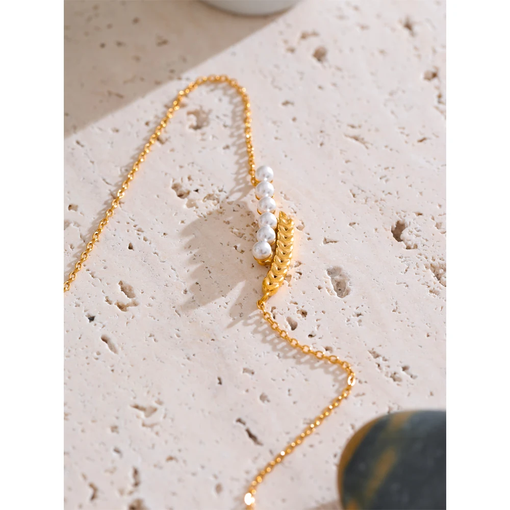 Yhpup 18K Golden Plated Pearls Leaf Shape Pendant Korean Necklace