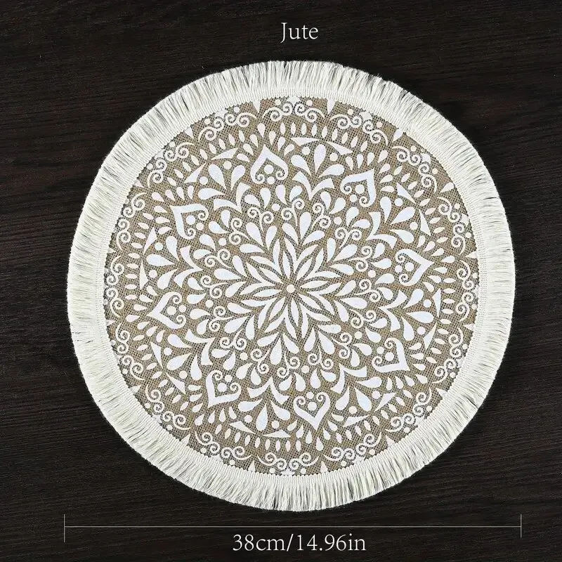 Elegant Jute Fabric Dining Mat with Modern Geometric Pattern and Tassel Edge