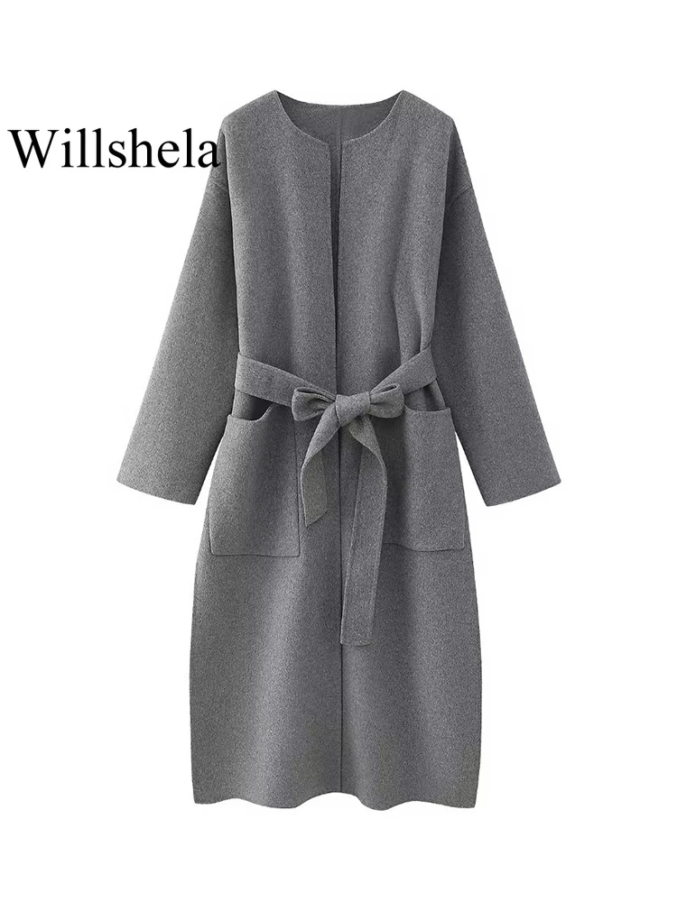 

Willshela Women Fashion With Belt Pockets Grey Side Slit Trench Coats Vintage O-Neck Long Sleeves Female Chic Lady Outfits