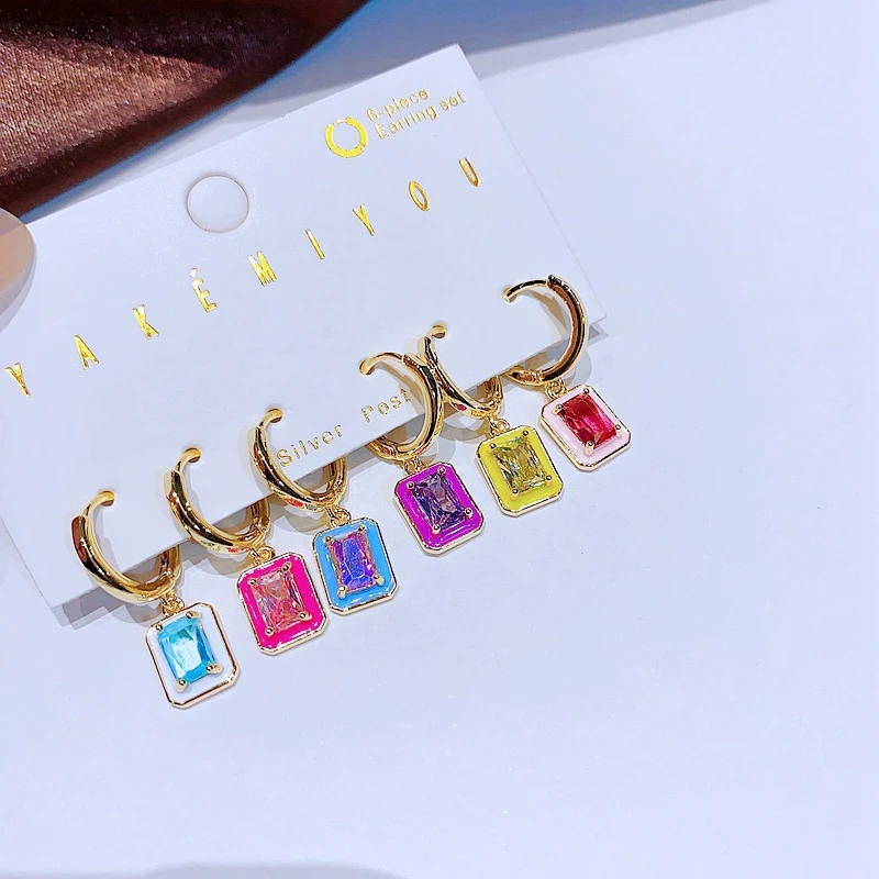 Yakemiyou 6pcs Multicolor Zircon Crystal Rectangle Huggie Hoop Earrings Set Luxury Women Jewelry 3