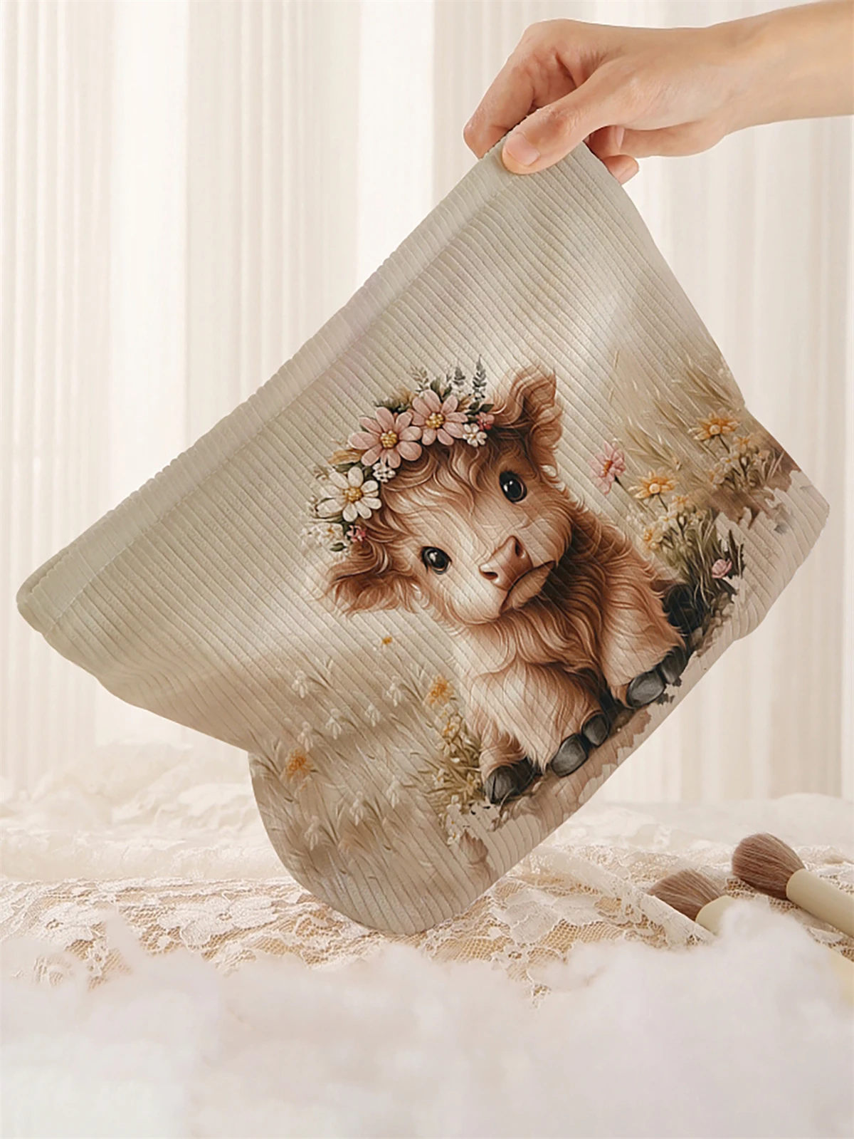 1pc calf pattern printed corduroy makeup bag, lightweight zipper makeup storage box, multifunctional bag with lining