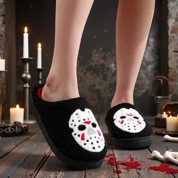 A Pair of Black Halloween Horror Mask Skull Pattern Embroider Plush Home Thick-Soled Comfortable Fur Slippers Personalized Warm Non-Slip Indoor Slippers Autumn and Winter Gifts for Men and Women Can Wear 1