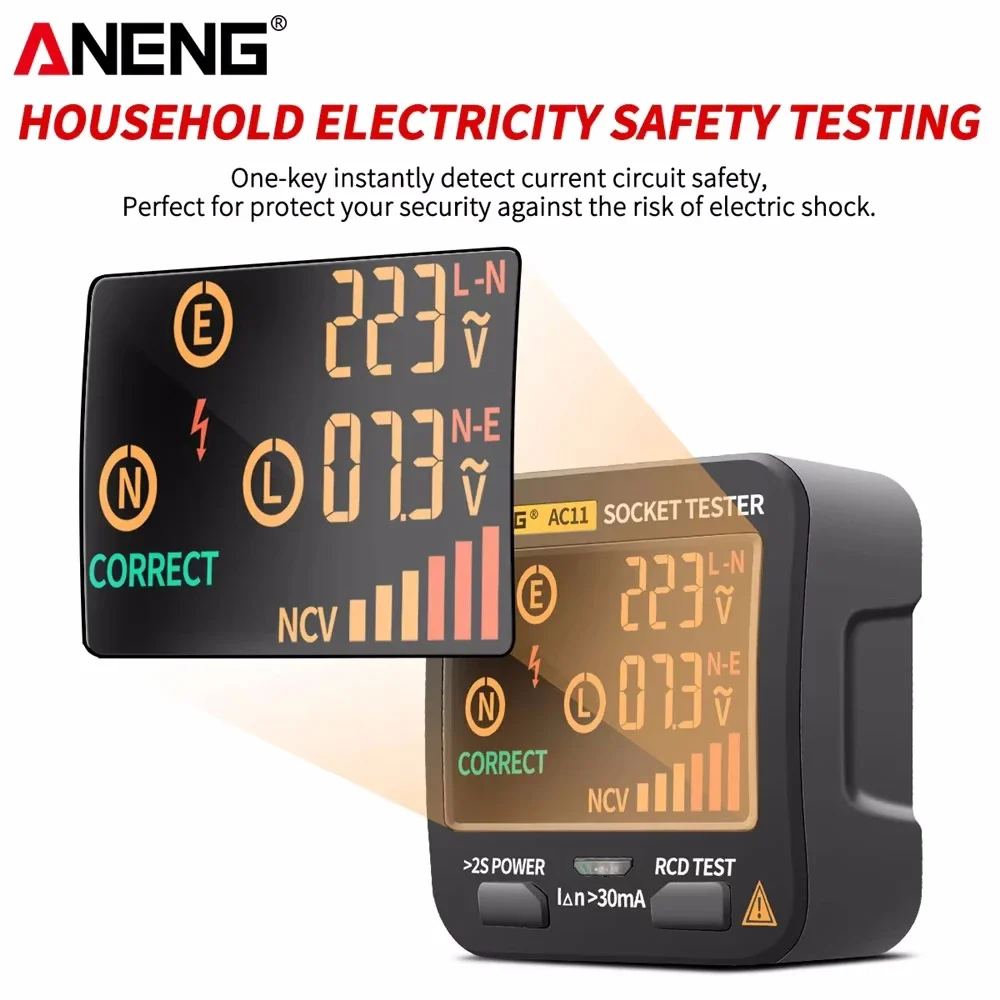 ANENG AC11 Digital Display Socket Leakage Tester NCV Non-contact Induction Detection EU United States UK AU Plug 0.1V~250V 4