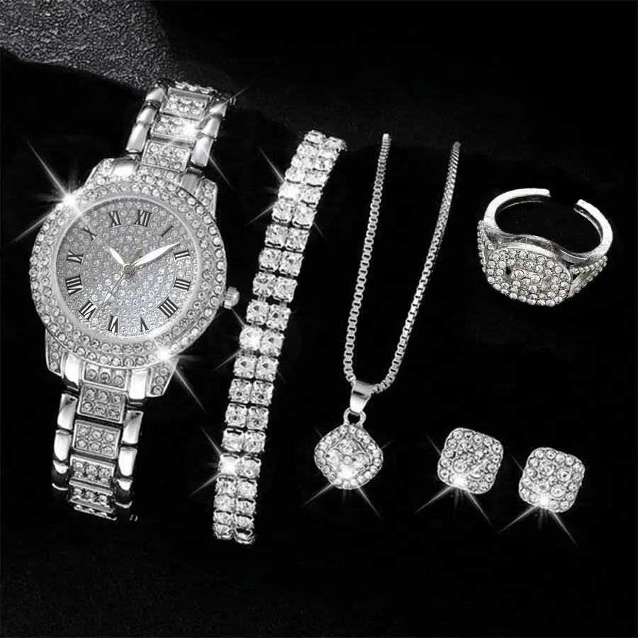 6PCS Women Watch Luxury Elegant Alloy Watch Crystal Wristwatch For Ladies Gift Quartz Watch Alloy Rhinestone Bracelet Montre 1