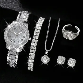 6PCS Women Watch Luxury Elegant Alloy Watch Crystal Wristwatch For Ladies Gift Quartz Watch Alloy Rhinestone Bracelet Montre 1