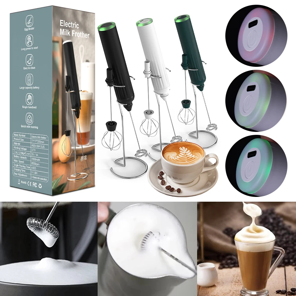 Milk Frother USB Rechargeable Electric Foam Maker, Drink Mixer with Stainless Steel Whisk and Stand for Cappuccino, Bulletproof Coffee, Latte - White