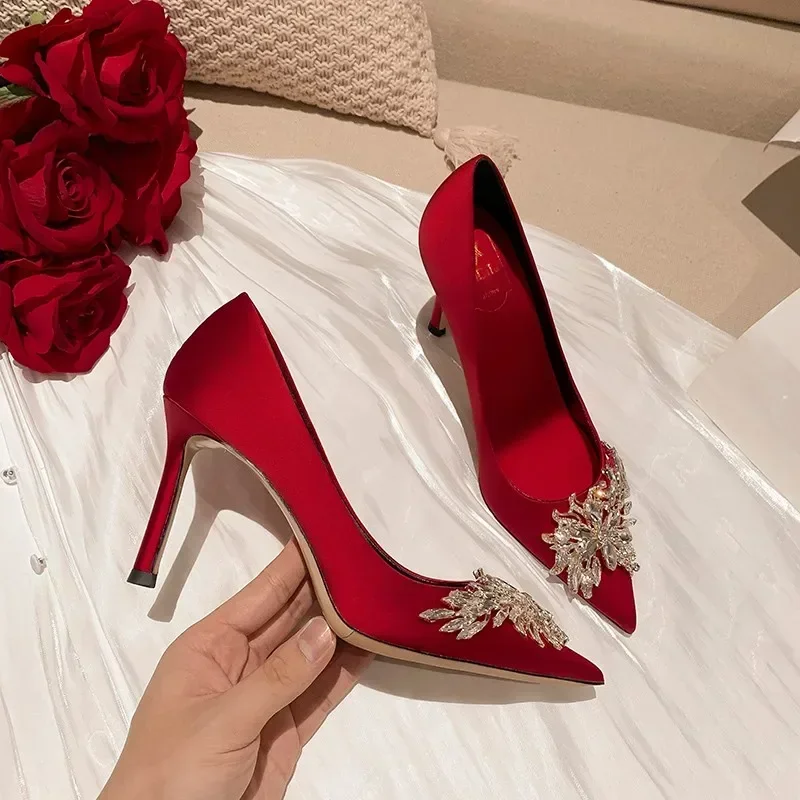 2024 Spring Summer Autumn New Wedding Shoes Red High Heels  Slim Heels Korean Version Pointed Toe Bride Shoes High Heels 2
