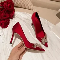2024 Spring Summer Autumn New Wedding Shoes Red High Heels  Slim Heels Korean Version Pointed Toe Bride Shoes High Heels 2