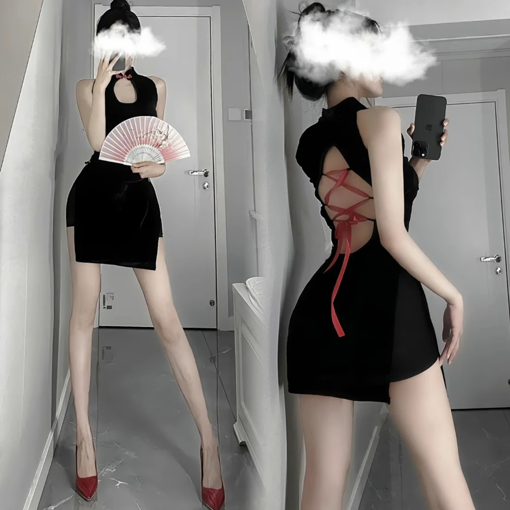 Sexy chinesische Frauen Cheongsam Rollenspiel Outfit Mode Verband Qipao für Frauen traditionelle Kleidung Sexy schwarzen kurzen Rock – Detail 2