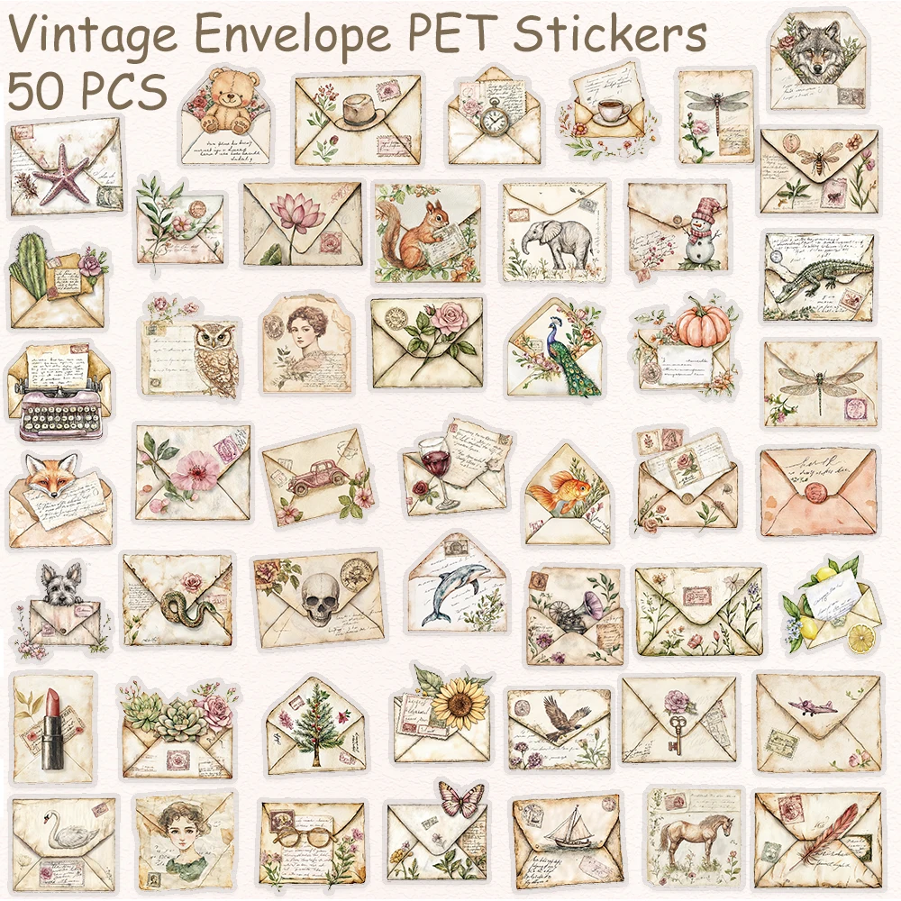 50 stücke Vintage Umschlag Transparent PET Aufkleber Aufkleber Für Telefon Laptop Notebook Kühlschrank DIY Ästhetische Wasserdichte Aufkleber – Detail 2