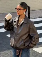 Coffee Brown Faux Leather Jacket for Women, Fall Winter Streetwear Style with Zipper Front