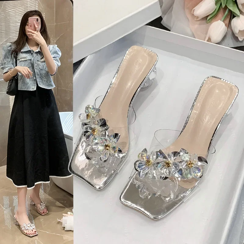 

Summer Crystal Slippers Women Transparent Heel Sandals Korean Rhinestones Modern Sandals Lady Party Shoes Fashion Pumps Slides