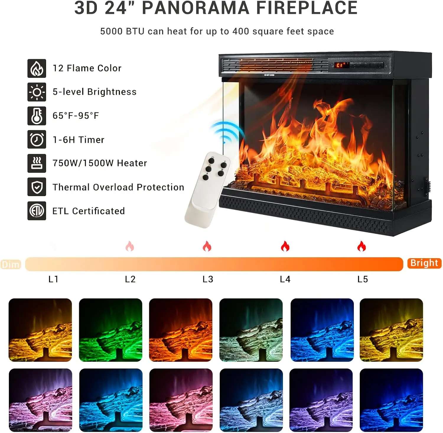 59'' Fireplace TV Stand, 3 Sided Glass Media Entertainment Center Console Table for TVs up to 65'' with Glass Door Adjustable 5