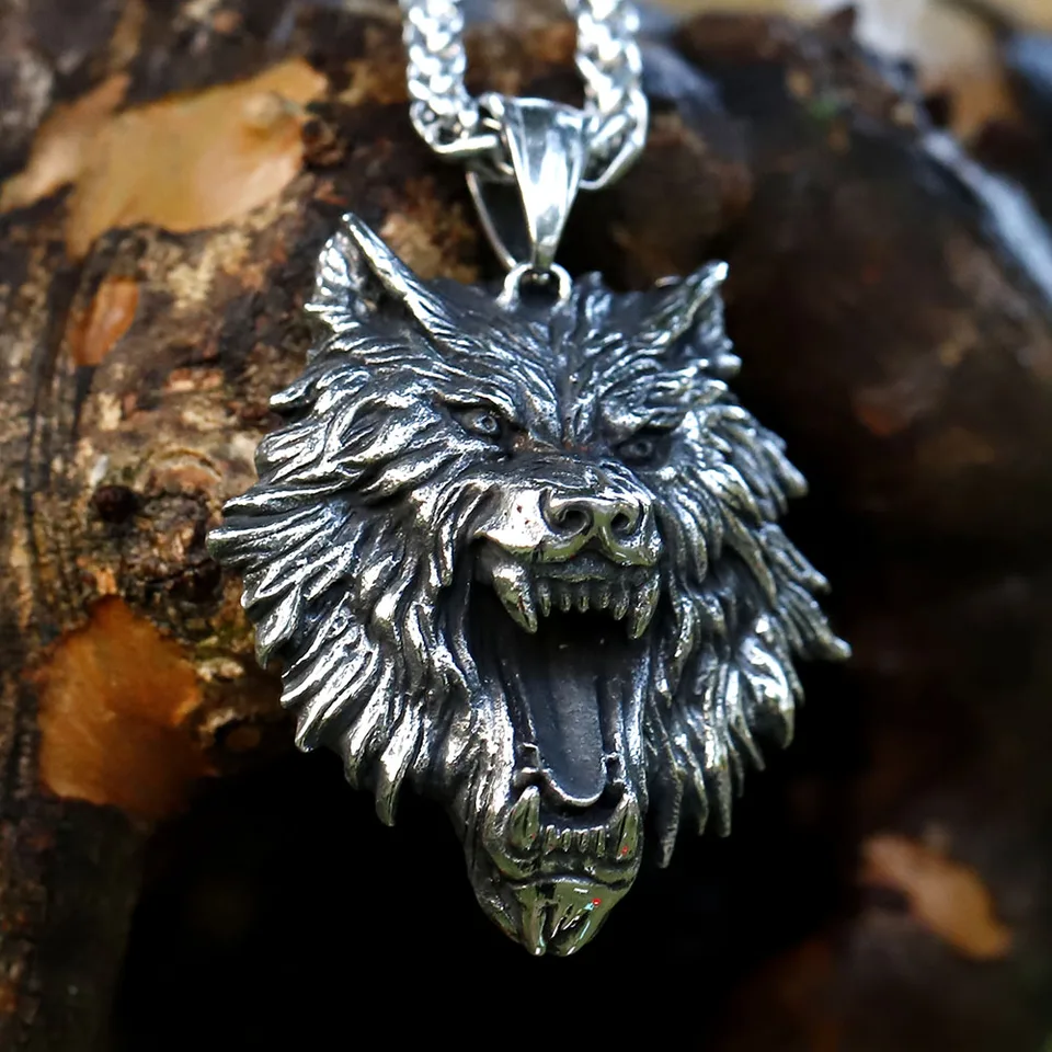 Collana Uomo Lupo Vichingo In Acciaio Inossidabile - Ciondolo 39x50mm Con Catena 55cm - Regalo In Scatola Per Lui