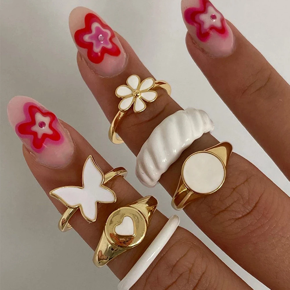 Women Ring Set, IFMIA Vintage White Heart Rings, Fashion Creative Y2K Style Metal Love Butterfly Ring, Trend Jewelry, Jewelry Accessories, Ring Set