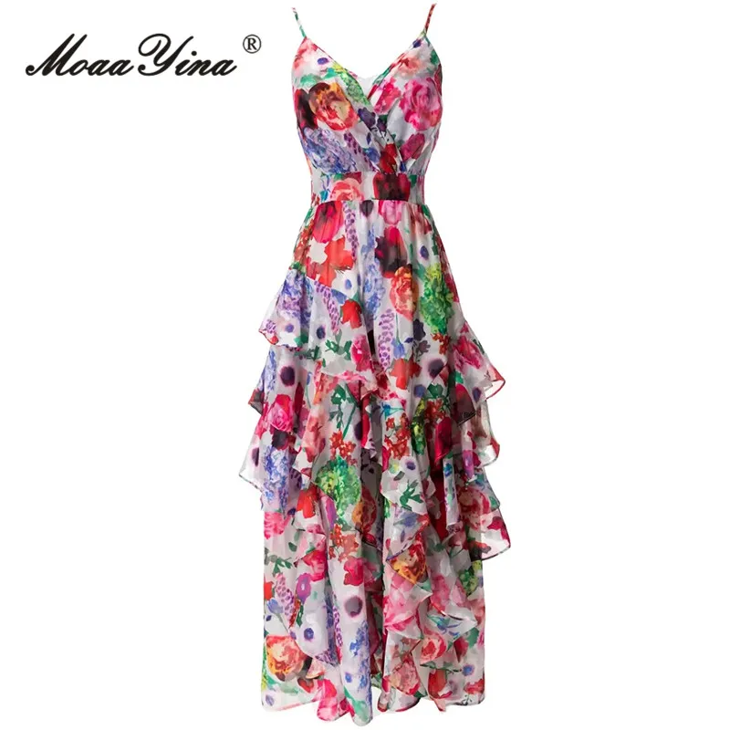 

MoaaYina Fashion Designer dress Summer Women Dress Vintage Spaghetti Strap High Waist Cascading Flounces Print Dress