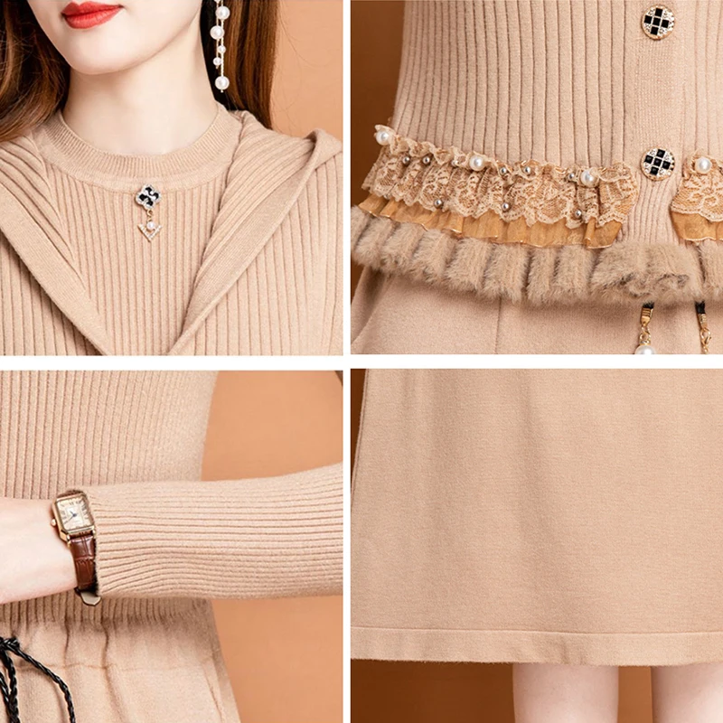 Korean Dress Knitted Outfits Women Hooded Tassel Long Sleeve Jacket +Casual Round Neck Knee-Length Dress Sweater Two Peice Set