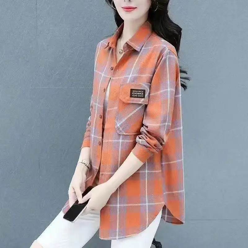 Fashion Lapel Button Pockets Loose Plaid Shirts Women's Clothing 2023 Autumn Winter Oversized Casual Tops Asymmetrical Blouses