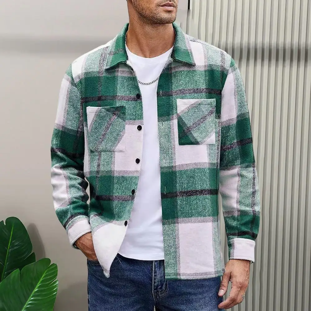 

Plaid Print Men Shirt Jacket Men's Plaid Print Shirt Coat Casual Button Down Jacket with Long Sleeve Fleece Lapel for Autumn