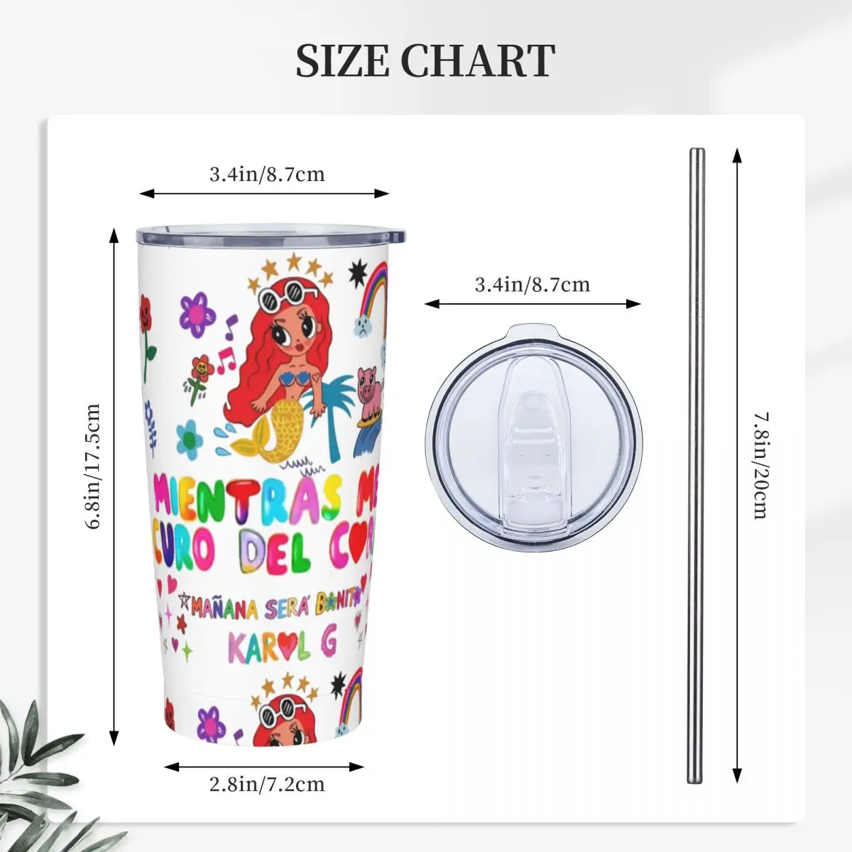 카롤 G 머그잔 마나나 세라 보니토 텀블러, 스테인레스 스틸 이중 벽 진공 절연 비코타 심장 문신 컵, 빨대 포함, 20oz