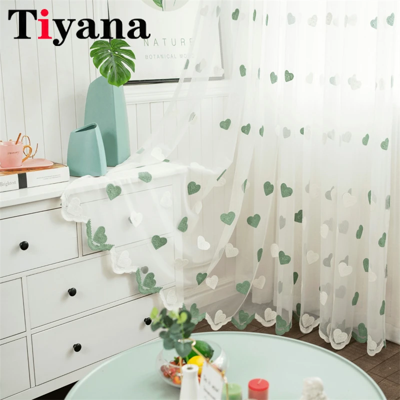 Modern Children Cartoon Pink Green Heart Sheer Tulle Curtains For Girls Bedroom Curtain Finished Living Room Custom Panel Tulle