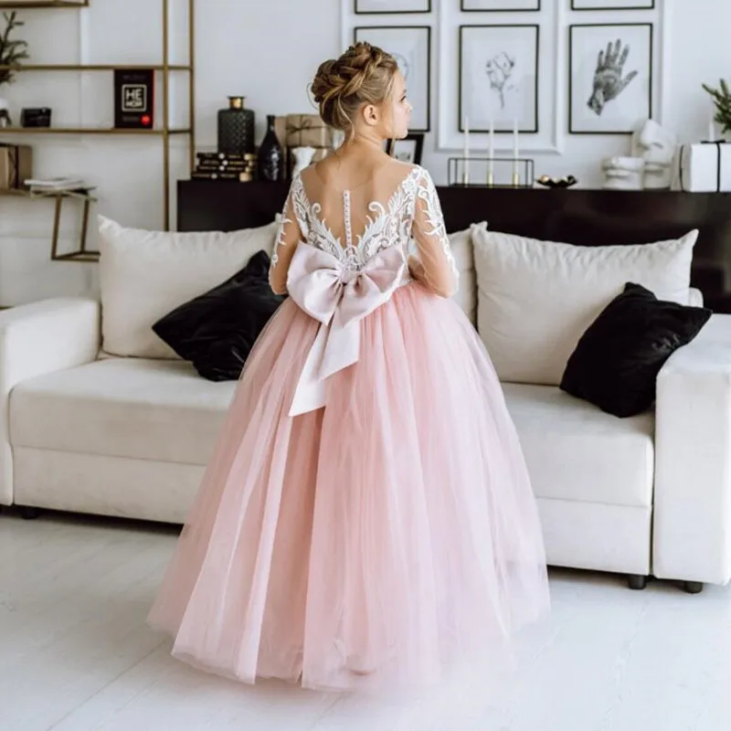 

New Customized Flower Girl Dress for Wedding with Big Bow Long Sleeve Princess First Communion Dress Birthday Gown