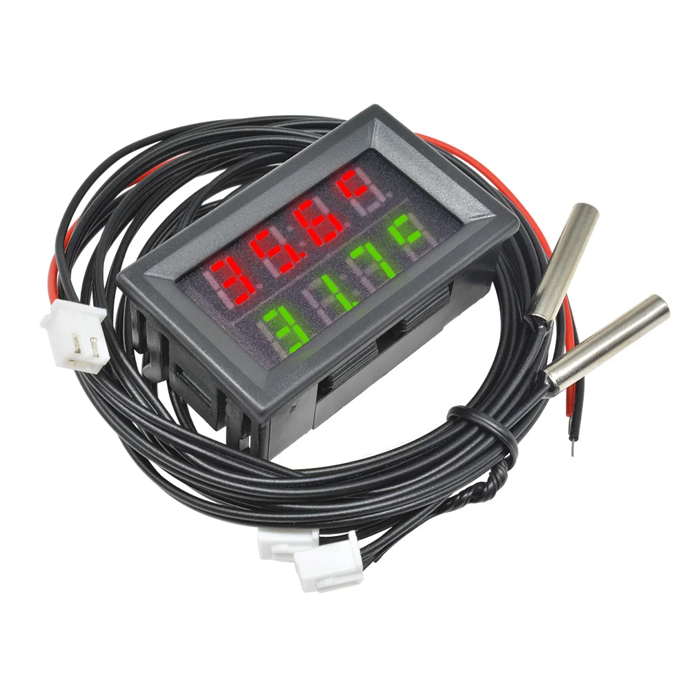 DC 4V-28V LED 4 자리 듀얼 디스플레이 디지털 온도계 온도 센서 테스터 듀얼 NTC 방수 금속 프로브