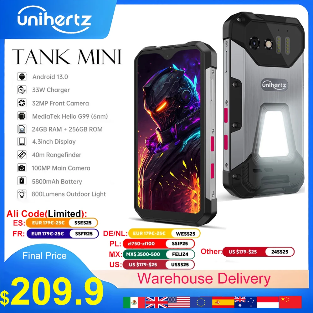 Unihertz 8849 탱크 미니 견고한 스마트폰, 4.3 인치 디스플레이, 안드로이드 13, 5800mAh, 24GB, 256GB, Helio G99 옥타코어, 100MP 카메라, IP68