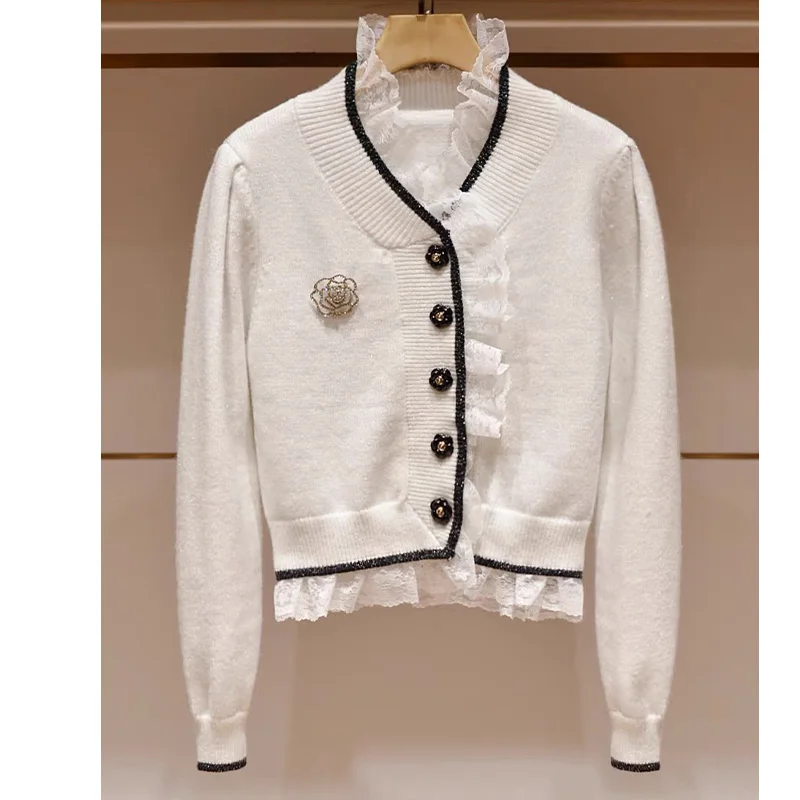 

Women Clothes Lace Ruffles Solid Knitted Cardigan Spring Autumn Rose Button Chic Slim Sweaters Top