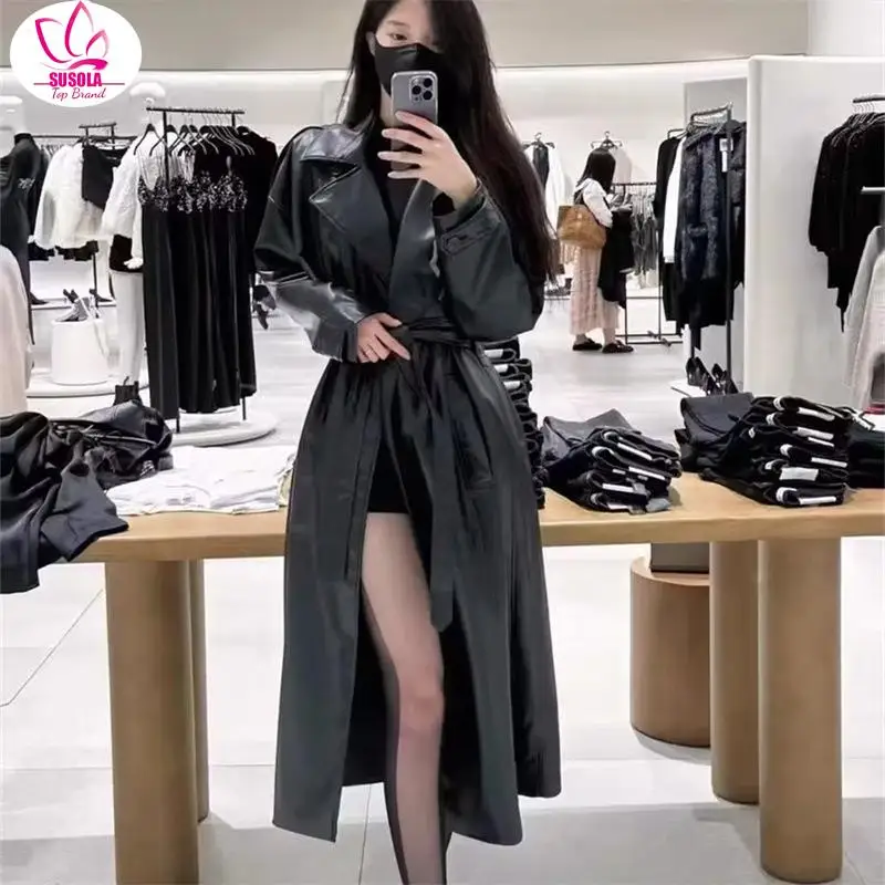 

SUSOLA Autumn Long Black Patchwork Pu Leather Trench Coat for Women Double Breasted Loose Stylish Luxury Designer Clothing 2023