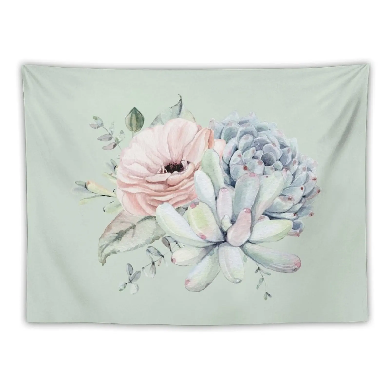 

Popular Succulents Mint and Blue on White Desert Succulent Design Tapestry Decorative Wall Decoration For Bedroom Tapestry