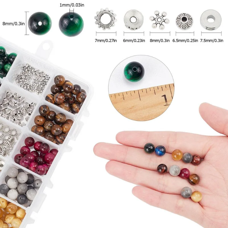 1Box Multicolor Natural Tiger Eye Beads Alloy Spacer Beads for DIY Bracelet Necklace Jewelry Making Crafts with Findings Kit