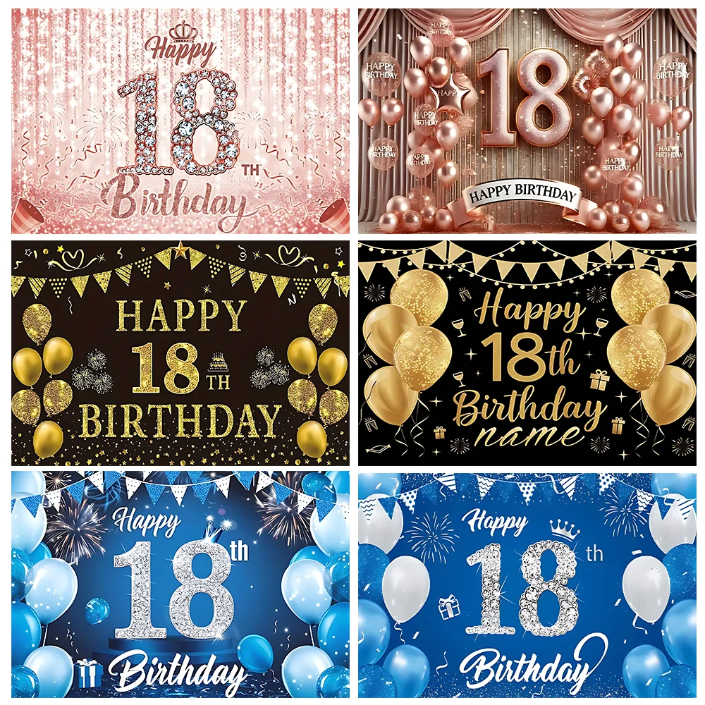 18. Geburtstag Party Hintergrund Junge Mädchen 18. Jahre alt Rosa Blau Schwarz Gold Glitzer Ballon Geburtstag Bar Mizwa Fotografie Banner